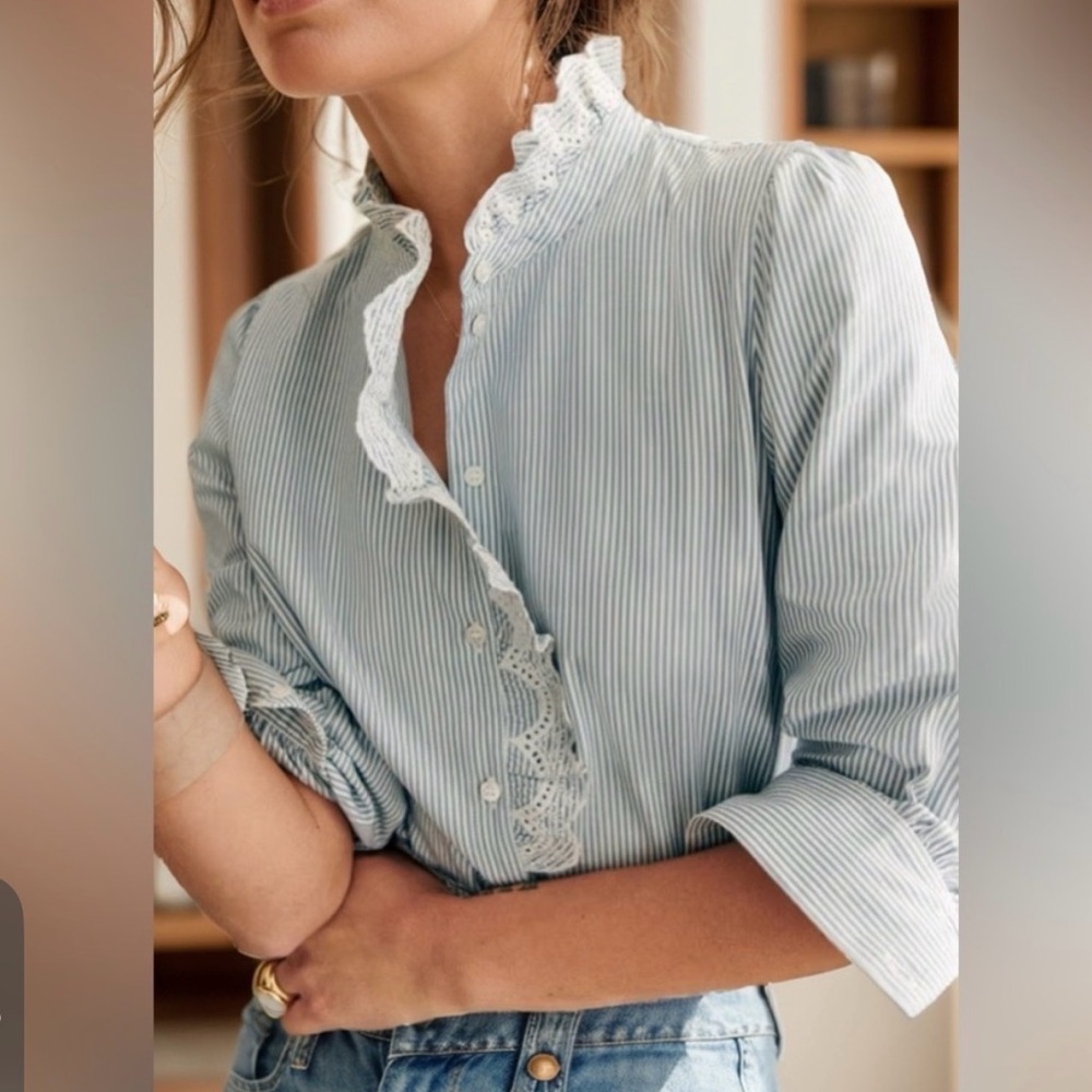 Elegant Sezane Striped Lace Trim Blouse